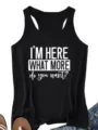 Close-up detail of women's black tank top with white graphic quote print, stylish casual summer wear. - S / Tops / Black