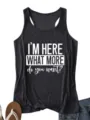 Close-up detail of dark grey women casual racerback tank top with white slogan print. - S / Tops / Dark Gray