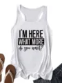 Detail view of white women racerback tank top with funny letter print for casual summer daily wear. - S / Tops / White