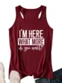 Close-up detail of casual women burgundy tank top featuring white slogan graphic print. - Burgundy
