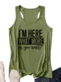 Women's casual olive green racerback tank top with fashion text print for summer daily wear. - Olive Green