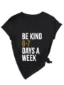Black V-neck short sleeve women t-shirt with graphic print and side knot casual top - S / Tops / Black (White Print)