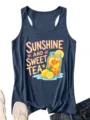 Canotta sportiva da donna blu scuro casual con una simpatica stampa grafica di tè al limone. - Blu Notte