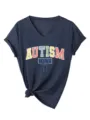 Dames V-Hals Korte Mouw T-Shirt Casual Knoop Zoom Autism Mama Grafisch Print Top - S / Tops / Marineblauw