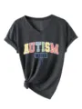 Dames Autism Mama V-Hals Korte Mouw T-Shirt Casual Top met Geknoopte Zoom Donkergrijs - S / Tops / Gemêleerd Zwart (Witte Grafiek)