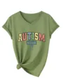 Casual Autism Mama V-hals korte mouw T-shirt olijfgroen met stijlvol knoopzoom detail - 2XL / Tops / Olijfgroen