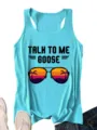 Dames zomer casual tanktop met talk to me goose grafische print en vintage zonsondergang ontwerp. - Tops / Cyaan / S