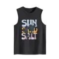 Women casual dark grey sleeveless tank top featuring vintage sun sand salt print. - S / Tops / Dark Gray
