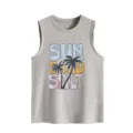 Women casual loose sleeveless tank top with vintage sun sand salt palm tree graphic detail. - S / Tops / Light Gray