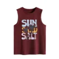 Casual maroon sleeveless tank top for women featuring summer sun sand salt palm tree graphic. - S / Tops / Burgundy