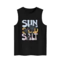 Detailed close-up of casual black women tank top with vintage beach palm tree graphic print. - S / Tops / Black