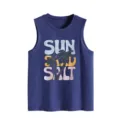 Casual summer women's sleeveless blue tank top featuring vintage sun and sand graphic print. - Vintage Blue