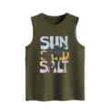 Army green women's sleeveless tank top with retro sun sand salt beach graphic print casual. - Army Green
