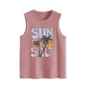 Women vintage summer casual sleeveless tank top with sun sand salt palm tree graphic print - Rose Gold