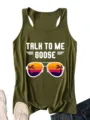 Detailweergave van de legergroene dames tanktop met Talk to me Goose grafische print. - Legergroen