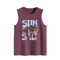 Casual loose sleeveless tank top for women with vintage beach palm tree graphic print. - Fuschia