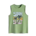 Green women sleeveless tank top with retro sun sand salt palm tree graphic print detail. - Olive Green