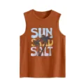 Women casual sleeveless tank top with vintage sun sand salt palm tree graphic print. - Burnt Orange