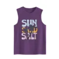 Detailed view of the purple sleeveless tank top featuring a vintage palm tree and text graphic. - Purple