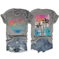 Women casual short sleeve t-shirt with beach sunset print front and back garment detail view. - S / Tops / Dark Gray