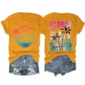 Women casual short sleeve t-shirt and denim shorts set with beach sunset graphic design. - S / Tops / Mustard Yellow