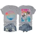Casual grey short sleeve t-shirt and denim shorts detail showing sunset palm tree print. - S / Tops / Light Gray