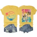 Casual fashion women double-sided round neck short sleeve t-shirt with sun salt sand print. - S / Tops / Yellow