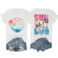 Women casual short sleeve t-shirt beach palm tree graphic round neck summer stylish top - S / Tops / White