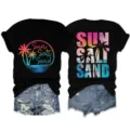 Women casual summer short sleeve black t-shirt with tropical palm tree sun salt sand print - S / Tops / Black