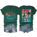 Women casual short sleeve t-shirt featuring double sided sun salt sand print detail. - S / Tops / Vintage Green