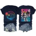 Women summer casual dark blue short sleeve t-shirt with sunset palm tree print front and back - S / Tops / Burgundy
