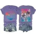 Casual summer purple short sleeve t-shirt featuring trendy sun salt sand graphic print for women. - S / Tops / Purple