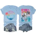 Casual summer short sleeve t-shirt with sun salt sand beach graphic print for women. - S / Tops / Light Blue