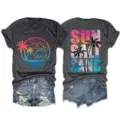 Charcoal grey short sleeve t-shirt featuring vibrant sunset palm tree design and text print. - S / Tops / Black Heather Grey