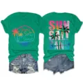 Women's green short sleeve t-shirt and denim shorts set with trendy beach typography print. - S / Tops / Dark Green