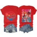 Casual women's short sleeve crewneck t-shirt with beach sun salt sand print detail view. - S / Tops / Red
