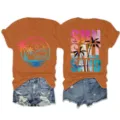Casual women's short sleeve t-shirt with summer tropical sunset palm tree graphic print. - S / Tops / Burnt Orange