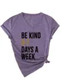 Close-up of casual V-neck short sleeve t-shirt with inspirational print and stylish hem knot. - S / Tops / Purple