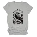 Women's grey crew neck short sleeve t-shirt featuring a stylish crow and floral graphic print. - S / Tops / Light Gray (Black Text Color Graphic)