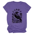 Women purple short sleeve t-shirt with raven graphic casual cute summer tee top clothing - S / Tops / Purple (Black Letters Multicolor Graphic)