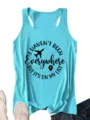 Detailed view of the light blue travel quote print racerback tank top, close-up texture. - S / Tops / Cyan