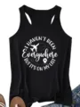 Casual black women racerback tank top with travel theme letter print for summer daily wear. - S / Tops / Black