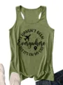 Close up detail of women green racerback tank top with travel theme black quote print. - Olive Green