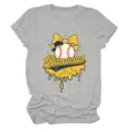 Close-up detail of grey casual short sleeve womens t-shirt with baseball banana graphic print. - S / Tops / Light Gray