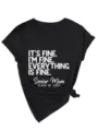Women casual V-neck short sleeve graphic tee shirt detail showcasing lettering design. - S / Tops / Black