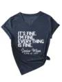 Women's V-neck short sleeve t-shirt with funny letter print, casual rolled sleeve knotted tee. - S / Tops / Navy Blue