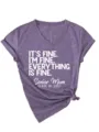 Women casual V-neck short sleeve t-shirt with funny quote print and trendy hem knot design. - S / Tops / Purple