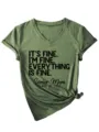 Green V-neck short sleeve t-shirt detail featuring funny text print and trendy hem knot. - S / Tops / Olive Green