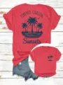 Lässiges rotes Damen T-Shirt mit kurzen Ärmeln und tropischem Sonnenuntergang Motiv - Oberteile / Rot / S