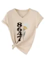 Damen lässiges V-Ausschnitt Kurzarm T-Shirt mit Nummer und Blumen Grafik Druck Design. - S / Oberteile / Sandfarben